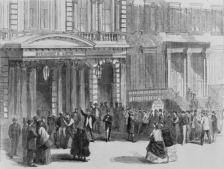 Buying tickets for a Charles Dickens reading at Steinway Hall, New York, 1867
