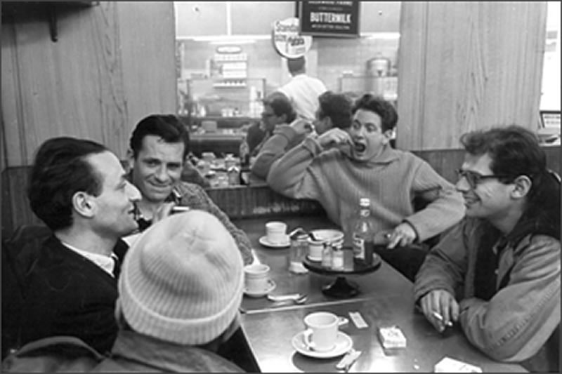 from left to right: Larry Rivers, Jack Kerouac, David Amram, Allen Ginsberg, Gregory Corso (with back to camera)