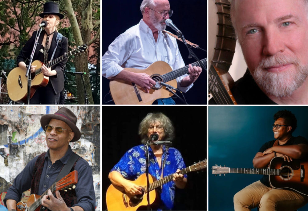 Clockwise: Suzanne Vega, Noel Paul Stookey, John McCutcheon, Crys Matthews, Rod MacDonald, Guy Davis - all performing at the Greenwich Village Folk Festival