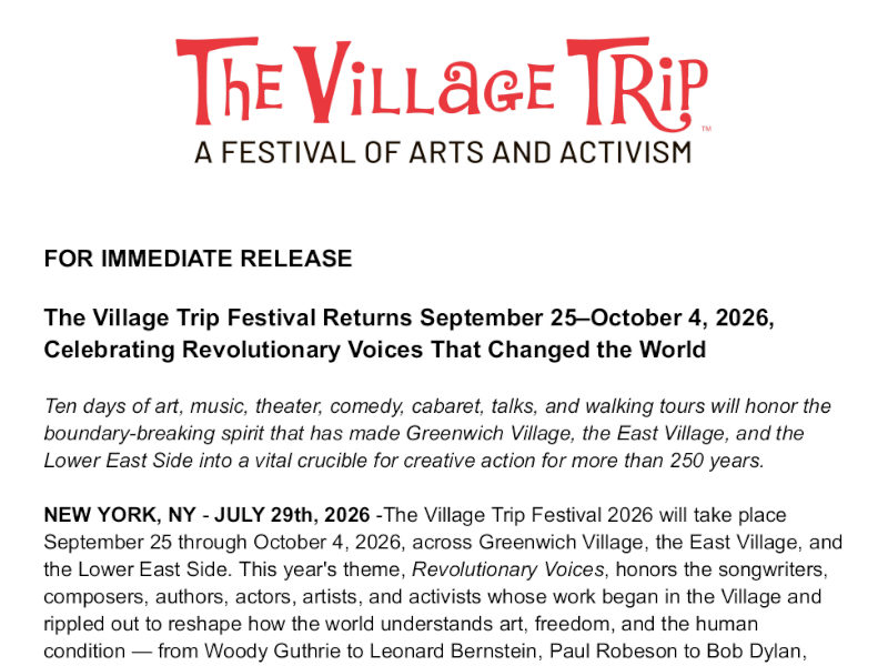 The Village Trip Festival Returns September 25–October 4, 2026, Celebrating Revolutionary Voices That Changed the World : Media Release