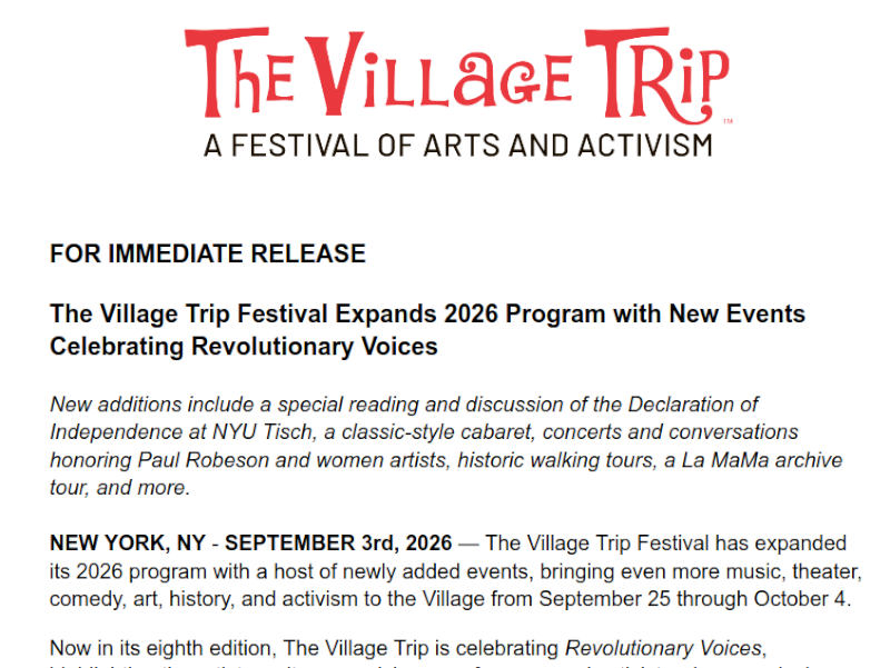 The Village Trip Festival Expands 2026 Program with New Events Celebrating Revolutionary Voices: Media Release