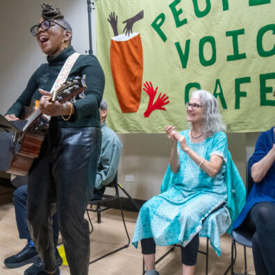 16 People's Voice Cafe - singing out (l-r) Lindsey Wilson, Adele Roliders & Judy Gorman (Rob Helman)