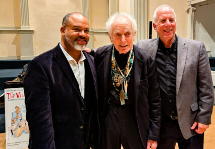 19 Let Freedom Sing - composer David Amram (c) with James C Martin (l) and pianist Lynn Raley (Liz Thomson)