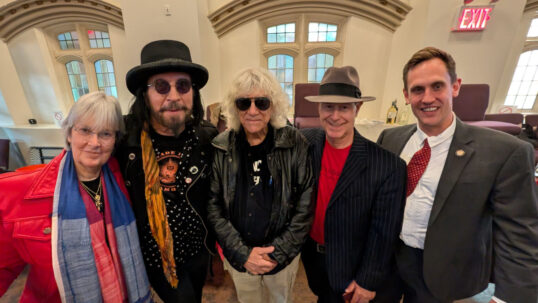 5 - The Village Trip launch party - CM Carl Wilson (r) with (l-r) Liz Thomson, Joziah Longo, Rod MacDonald, Cliff Pearson (Rob Helman)
