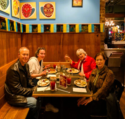 57 Hungry, tired, but exhilarated - Liz Thomson & Cliff Pearson at Veselka with producer Vivian LeDay (second from left) and volunteer extraordinaire Terri Howell (far right)