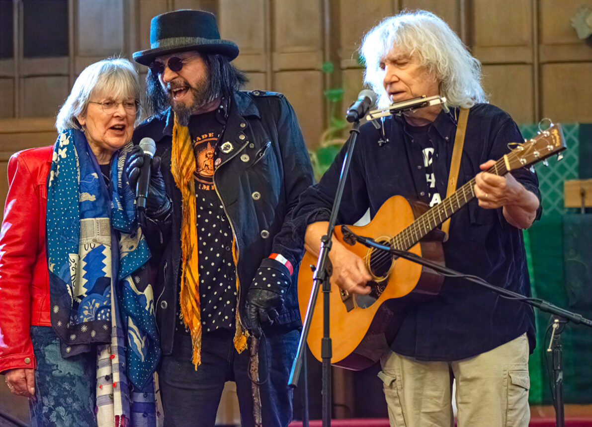 7 The Village Trip launch party - Liz with Joziah Longo (center) and Rod MacDonald (Rob Helman)